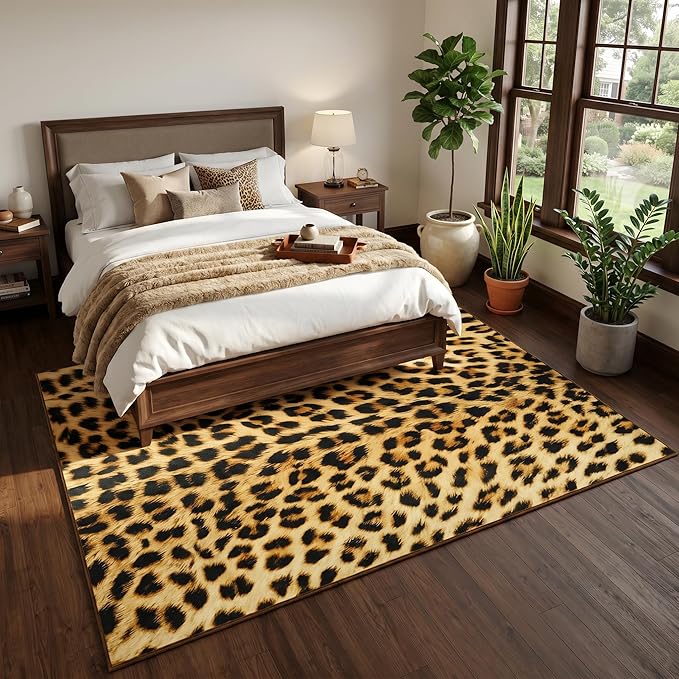 Soft Leopard Rug 6x9 Ft, Animal Print Rugs for Living Room Bedroom, Non-Slip TPR Backing for Hardwood Floors, Machine Washable & Easy to Clean, Pet Friendly Carpet for Kids, Yellow, Black