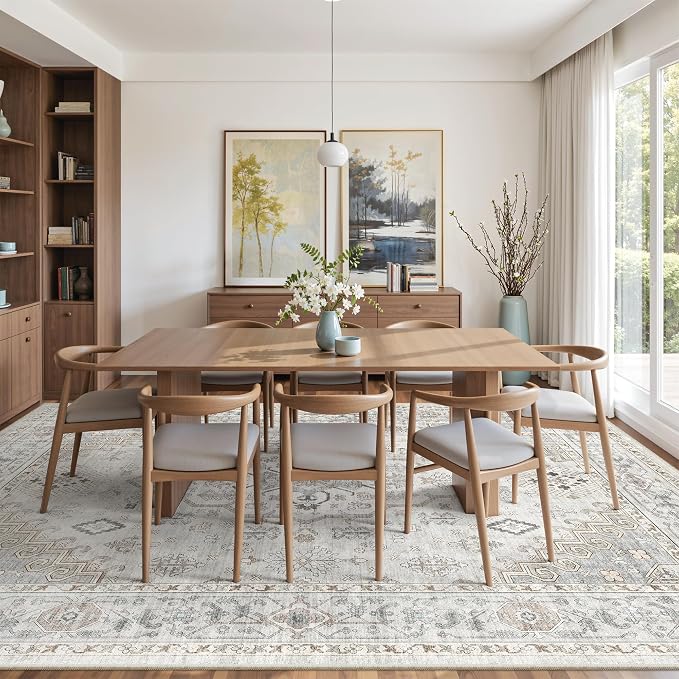 befbee 8x10 Area Rugs for Living Rooms, Stain Resistant Neutral Washable Rugs for Dining Rooms, Floral Vintage Non-Slip Thin Large Size Area Rug(Light Grey)