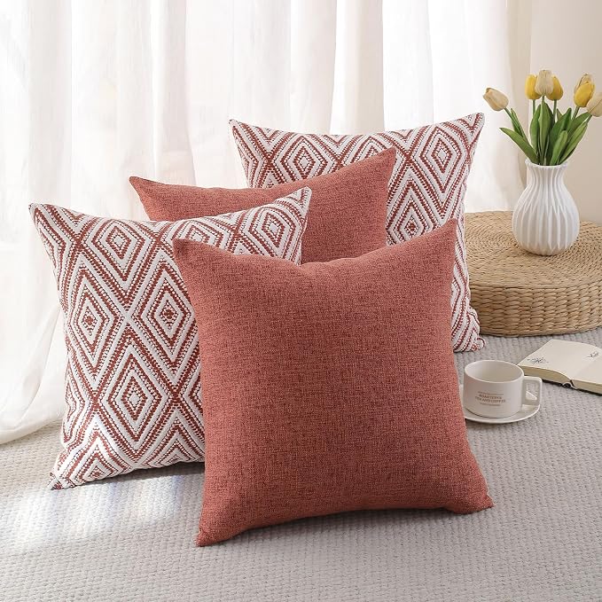 HPUK Throw Pillow Covers 18x18 Inch Set of 4, Linen Decorative Pillow Covers, Accent Cushion Covers for Couch Sofa Bed Bedroom Living Room Décor, Coral
