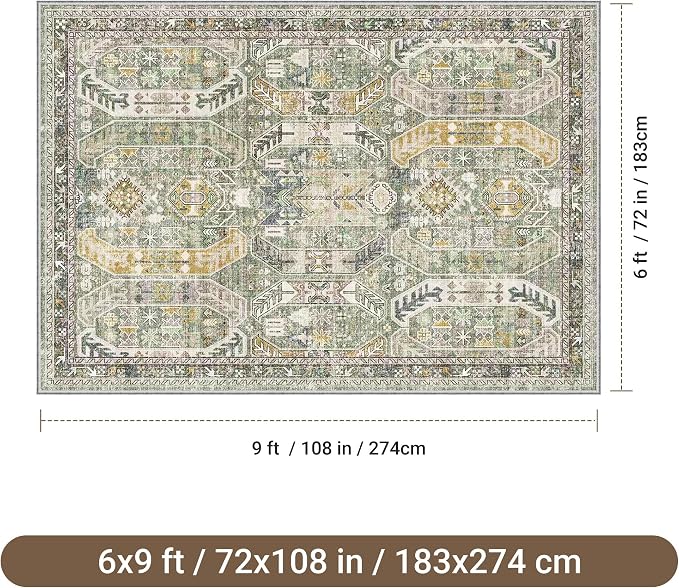 befbee 6x9 Area Rugs for Living Room - Stain Resistant Machine Washable Rugs for Bedroom,Non-Slip Backing Large Area Rug (Green/Gold, 6'x9')