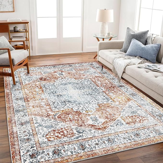 CHAMPLANT Area Rug 8x10 Washable Rug Tangerine Vintage Traditional Mat Distressed Indoor Foldable Thin Retro Accent Floral Print Rug Non Slip Carpet Living Room Dining Room Office