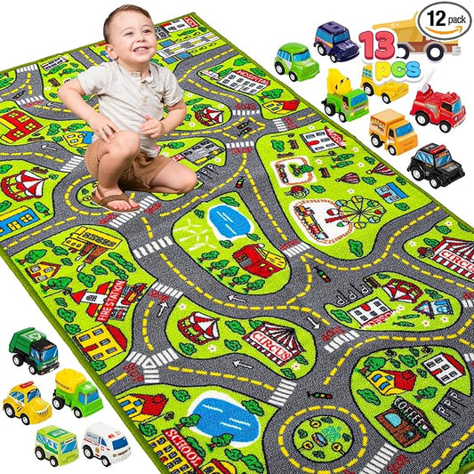 JOYIN Kids Play Rugs - 12 Pull-Back Vehicle Set - Durable Carpet Playmat Rug - City Pretending Play - Toddler Car Track Rug