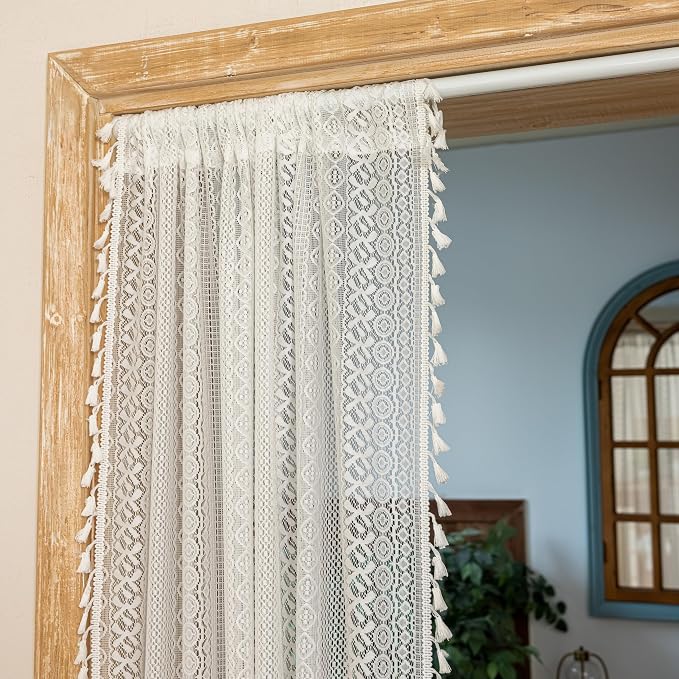 Sutuo Home White Boho Lace Sheer Door Curtain for Doorway, Bohemian Doorway Curtain for Front Door Hallway Crochet Vintage Chic Tassels Privacy Temporary Room Divider Rod Pocket,1 Panel 37" x 80"