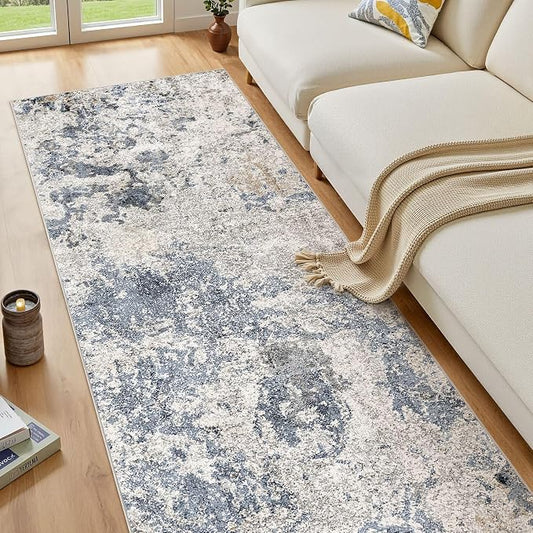Hallway Washable Runner Rug: 3x8 Abstract Modern Soft Stain Resistant Non-Slip Backing Runner for for Entryway Kitchen Laundry - Blue Brown