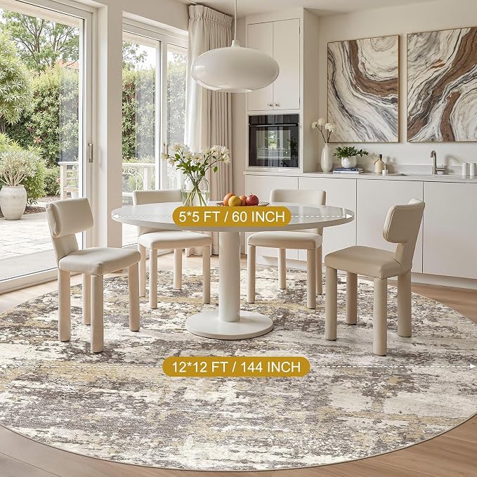 Area Rugs for Living Room: 12x12 Abstract Washable Rug Modern Neutral Large Soft Stain Resistant Non-Slip Backing Machine Table for Bedroom Dining Room Indoor Home Office Carpet - Gold Brown