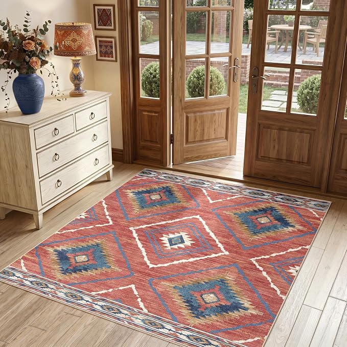 BESTSWEETIE Area Rug 4x4 Rug Machine Washable Non-Slip Low Pile Print Pattern Western Rug for Living Room Bedroom Entryway Tribal Series -Red/Orange