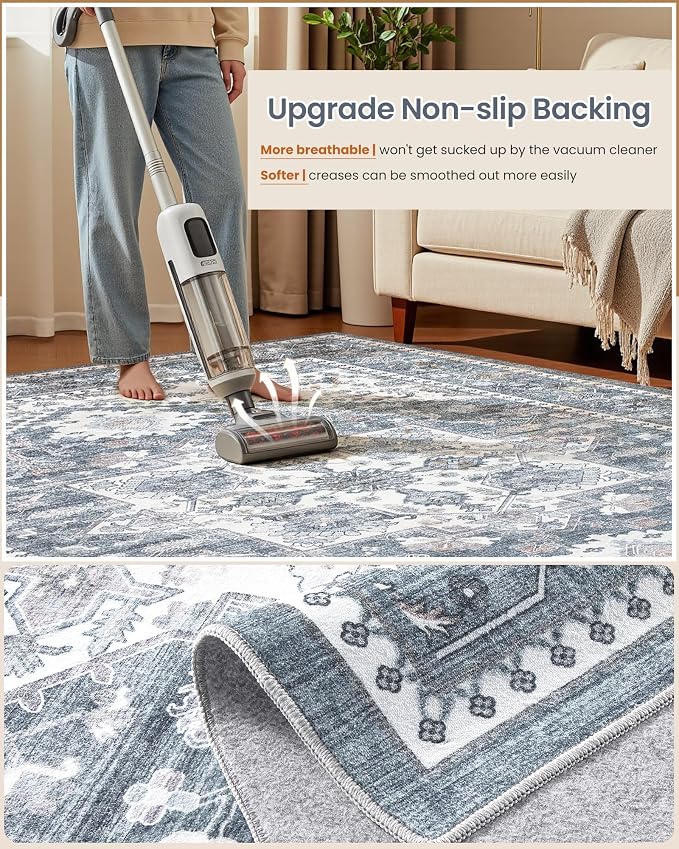 5x8 Vintage Area Rug: Washable Neutral Soft Non Slip Thin Large Floor Carpet for Living Room Bedroom Kitchen Dining Room Home Office Farmhouse Indoor - Blue