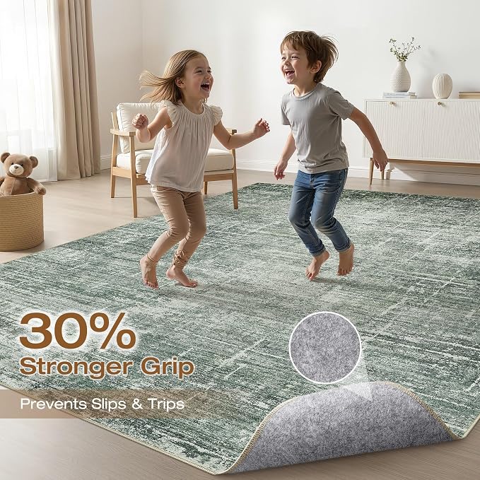 10x12 Area Rug Living Room: Washable Large Neutral Rugs Abstract Soft Modern Stain Resistant Indoor Floor Non-Slip Carpet for Bedroom Nursery Kids Office Playroom Dining Room Under Table- Dark Green