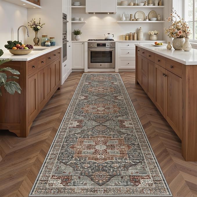 Washable Runner Rug 2.6x12 Runners for Hallways, Ultra-Thin Carpet Runners for Entryway, Non Slip Backing Runner Rugs for Kitchen Laundry Room Indoor Hallway (Grey/Brown/Tan)