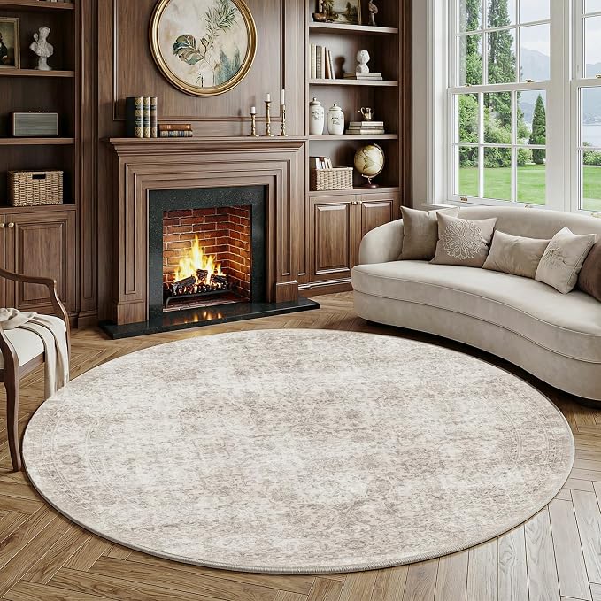 FMFUNCTEX 6ft Round Washable Area Rug Beige Vintage Neutral Distressed Non Slip Carpet for Living Room Bedroom Soft Low Pile Indoor Mat Retro Floral Throw Rug for Dining Room Office Nursery Entry