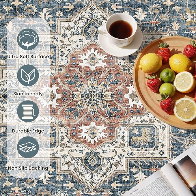 Vintage Entryway Area Rug 2x3 - Large Soft Washable Oriental Traditional Distressed Farmhouse Rugs for Bedroom - Indoor Floor Accent Carpet for Home Office House Decor - Blue