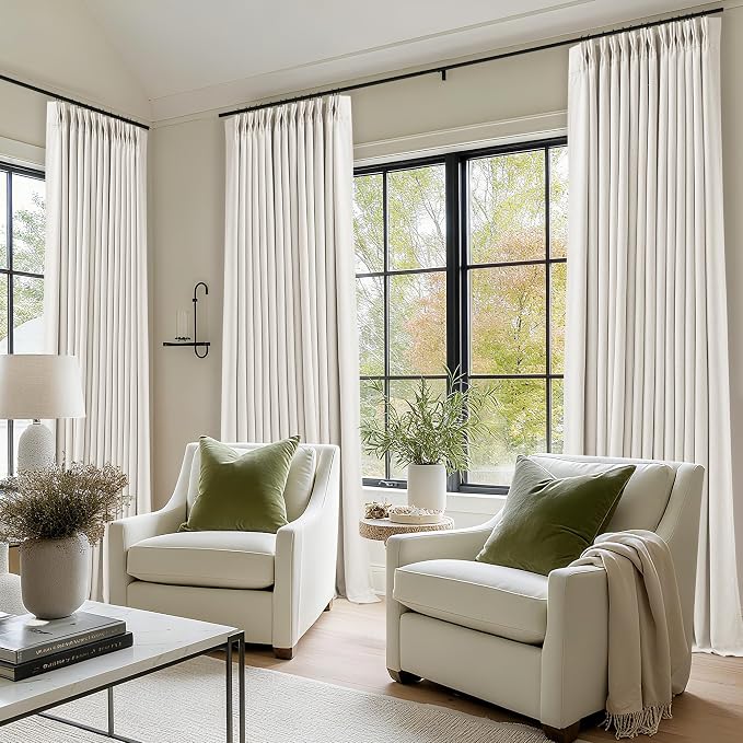 Ivory 94 Inch Long Blackout Curtains Thick Linen Pinch Pleated Curtains 2 Panels for Bedroom Living Room Darkening Light Blocking Energy Saving Pinch Pleat Back Tab 94 Inch Window Drapes Cream White