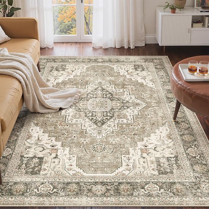 Roxstand 3x5 Area Rug - Washable Kitchen Rugs Non Slip,Soft Low Pile Small Rug for Entryway, Stain Resistant Vintage Area Rugs for Home Decor(Brown/Beige, 3'x5')