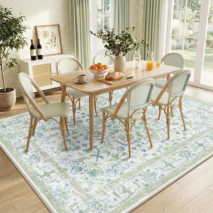 CAPALOCA Machine Washable Rugs Nursery Rug 8x10 Cute Girl Non Slip Low Pile Water Repellent Soft Print Pattern for Bedroom Indoor Decor Kids Playroom Green Blue