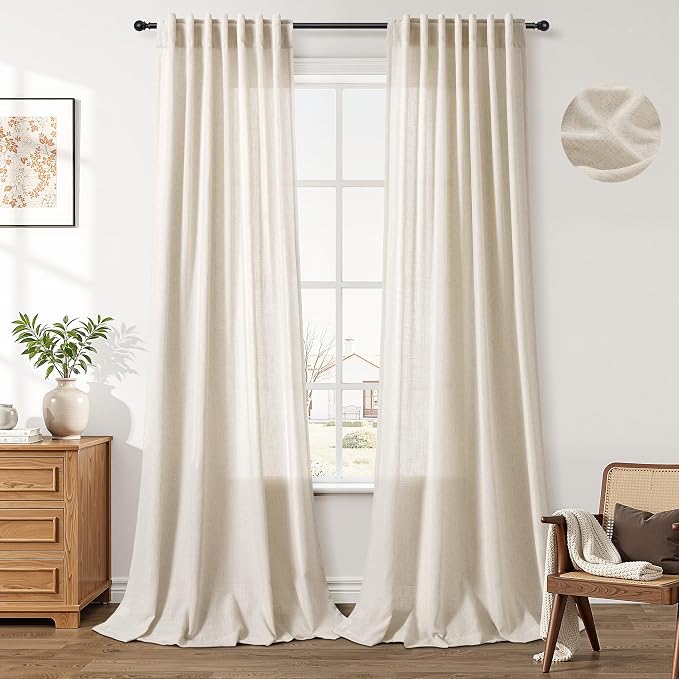 Aersas Boho Linen Curtains 102 Inches Length for Living Room Flax Texture Wave Fabric Semi Sheer with Rod Pocket Back Tab for Bedroom Balcony Light Filtering Neutral Home Decor 52x102