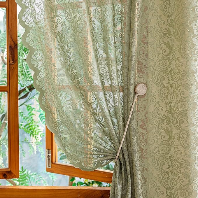 ALIGOGO Sage Green Lace Curtains 63 Inch Length for Bedroom Living Room, Spring Vintage Sheer Green Floral Curtains, Light Filtering Farmhouse Privacy Scalloped Edges, 52 x 63 Inch, 2 Panels