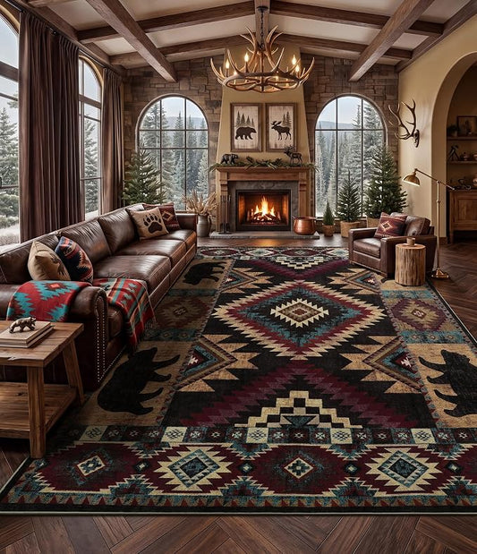YIHOUSE Rustic Cabin Area Rug 10x14, Lodge Wildlife Bear Washable Large Area Rug, Southwestern Rustic Rugs for Living Room