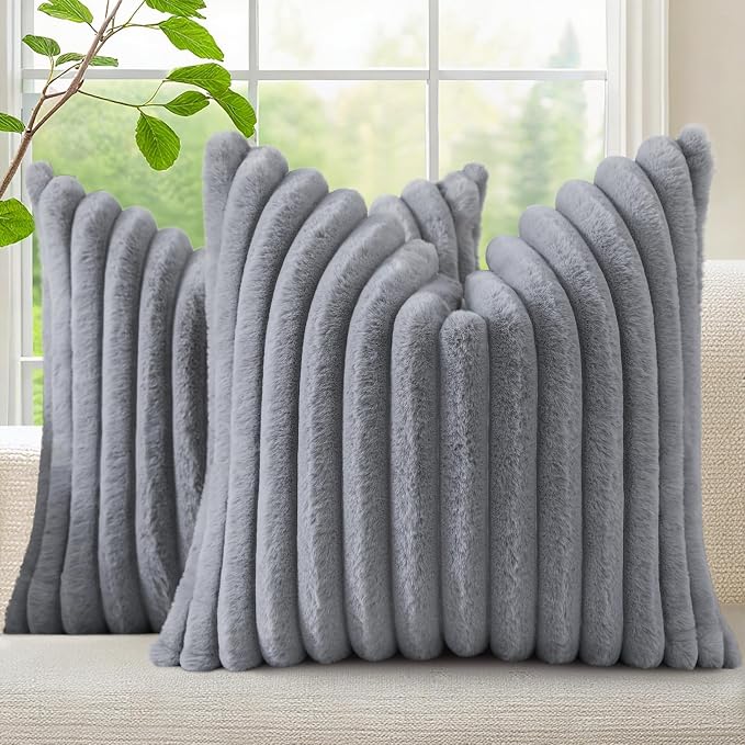 decorUhome Fall Cozy Faux Fur Throw Pillow Covers 18x18 Set of 2 Decorative Soft Plush Striped Modern Farmhouse Boho Couch Pillow Cases with Velvet Back for Sofa Bed Living Room, Grey