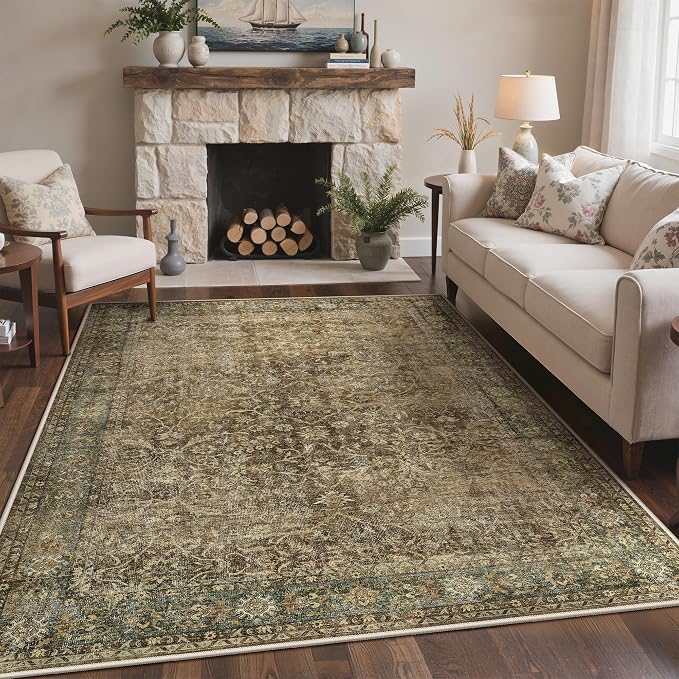 Bavni 2.6x7 Rug Runners for Hallways, Washable Runner Rug Non Slip,Vintage Floral Print Style Rugs for Bedroom-Lightweight Low Pile Carpet for Hallways Bathroom, Green