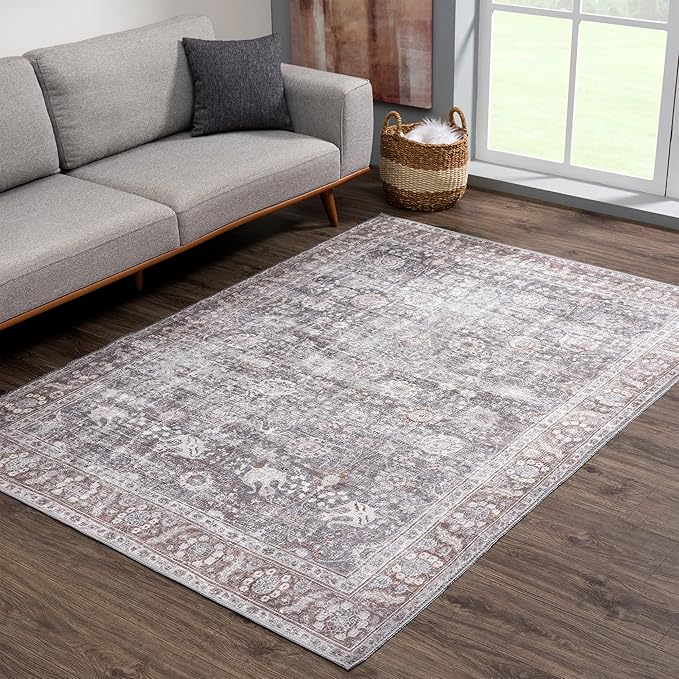 Bloom Rugs Washable 4' x 6' Rug - Brown/Dark Gray Traditional Area Rug for Living Room, Bedroom, Dining Room, and Kitchen - Exact Size: 4' x 6'