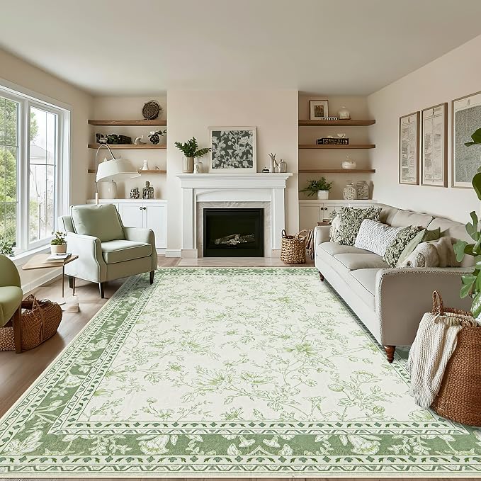 Sage Green and Cream Rug 10x14 Living Room Machine Washable Area Rugs Vintage Boho Farmhouse Sketch Style Floral Extra Large for Bedroom Non Slip Soft Carpet for Dining Room Playroom Floor Covering