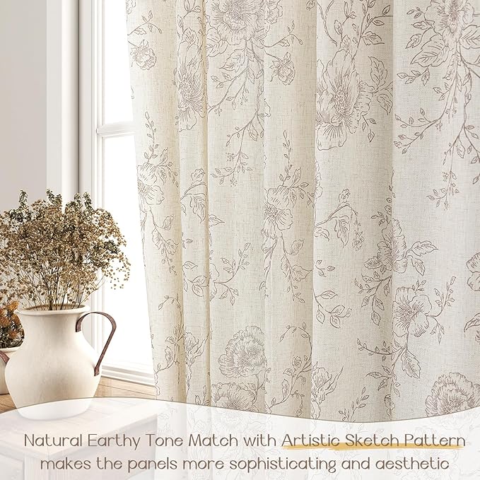 Coffee Floral Curtains 80 inch Length Back Tab Farmhouser Living Room Light Filtering Curtains Coffee Pattern Print on Cream White Linen Curtain Minimalist Aesthetic Sketch Style Vintage Room Decor