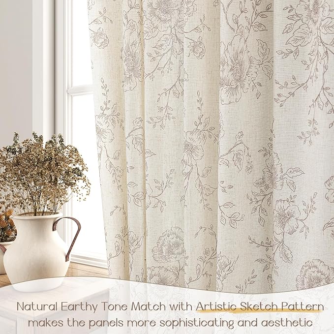 Pinch Pleat Floral Linen Curtains 102 inch Long Coffee and Cream Memory Trained Curtain Light Filtering Living Room Farmhouse Flower Pattern Printed Pleated Drapes with Hooks 2 Panels 40“W x 102"L