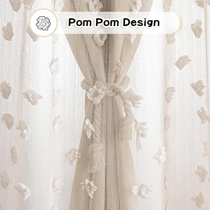 MYSKY HOME Beige Boho Curtains for Living Room 84 Inches Long Blackout Bohemian Curtains 2 Panels Beige Pom Pom Sheer Thermal Insulated Rustic Grommet Privacy Room Darkening Window Drapes 52" x 84"