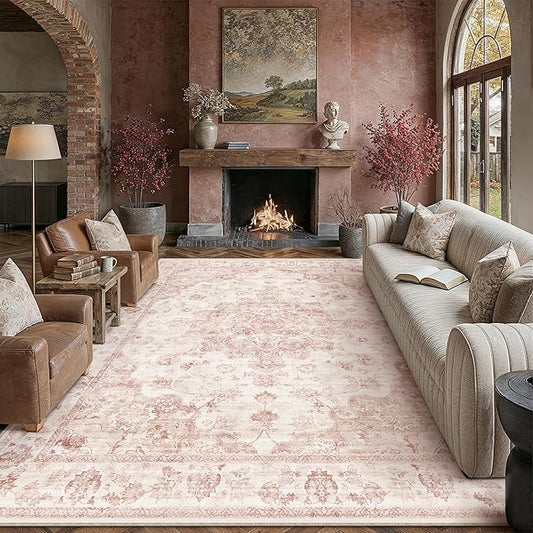 10x14 Neutral Area Rug Pink Vintage Living Room Bedroom Washable Carpet Non-Slip Soft Low Pile Farmhouse Indoor Large Throw Rug for Dining Room Office