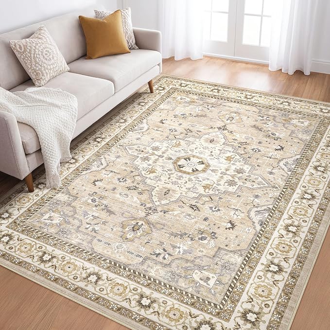 6x9 Area Rugs Living Room: Washable Boho Large Neutral Vintage Soft Rug Stain Resistant Farmhouse Non-Slip Indoor Floor Carpet for Bedroom Nursery Kids Playroom Office Dining Room- Beige Grey