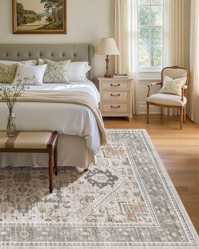 7x9 Vintage Area Rug: Washable Neutral Soft Non Slip Thin Large Floor Carpet for Living Room Bedroom Kitchen Dining Room Home Office Farmhouse Indoor - Taupe