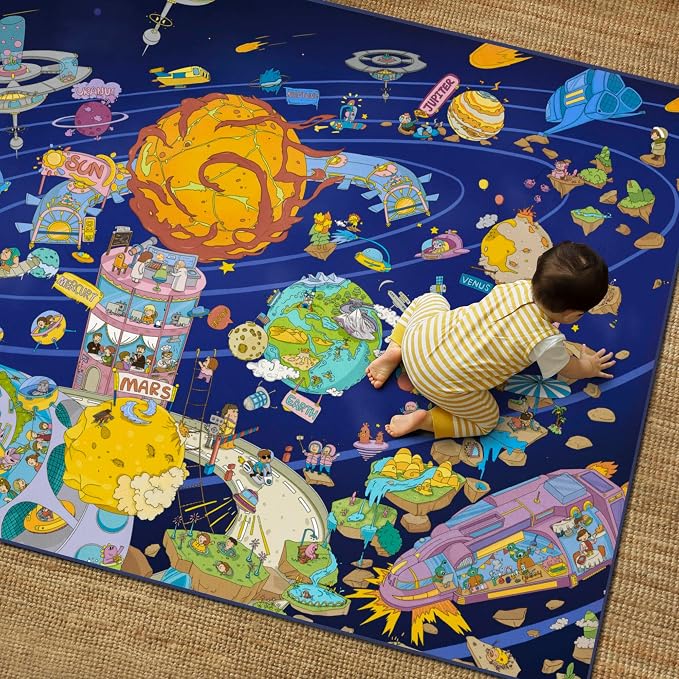 Hazo Haus Galaxy 8x10 Educational Kids Rug for Classroom – Interactive Solar System Design with Planets, Spaceships, Astronauts & Fun Characters – Perfect for STEM Learning & Creative Play Spaces