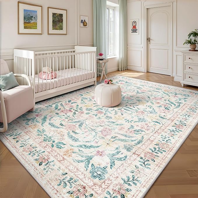 5x7 Area Rugs, Vintage Rugs for Bedroom, Indoor Non-Slip Washable Rug for Living Room, Dining Room, Low Pile Home Decor Floral Rug(Pink Bloom)