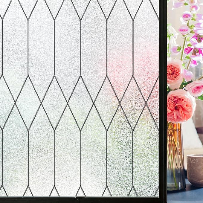 Windimiley Window Privacy Film Stained Glass Static Clings, Bathroom Frosted Leaded Decorative Window Stickers, UV Heat Blocking Opaque Removable for Home Door Coverings (35.4 x 78.7 in,Pure)