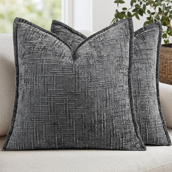 MIULEE Slubby Textured Decorative Throw Pillow Covers 18x18 Inch Set of 2 Boho Farmhouse Soft Cozy Chenille Pillows Cushion Cases Modern Home Decor for Couch Sofa Bed Living Room, Dark Grey