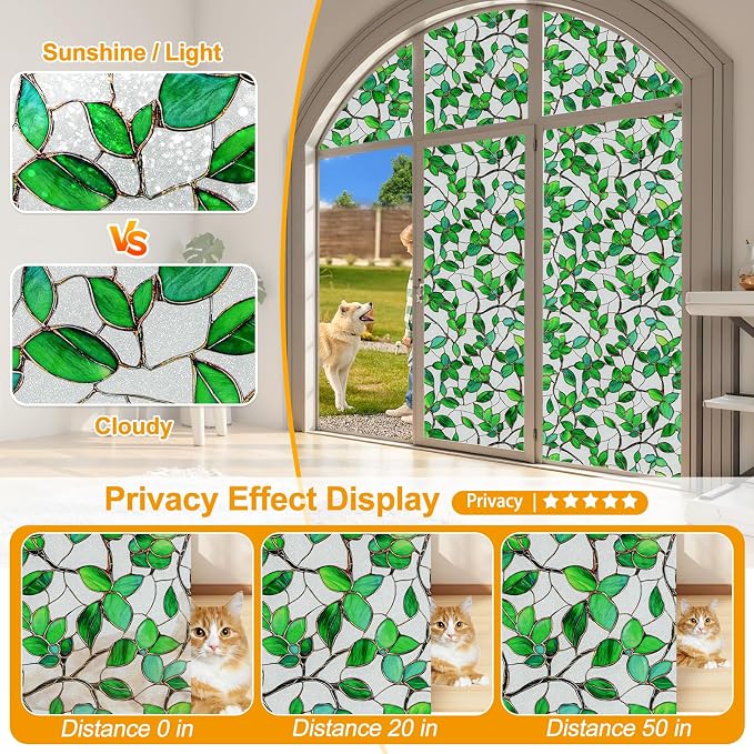 COUNTEWOL Window Privacy Film with Installation Tools Home Decorative Colored Glass Window Stickers Reusable electrostatic Rainbow Stickers (Frosted Greenery Leaf, 23.6 x 78.7 in)