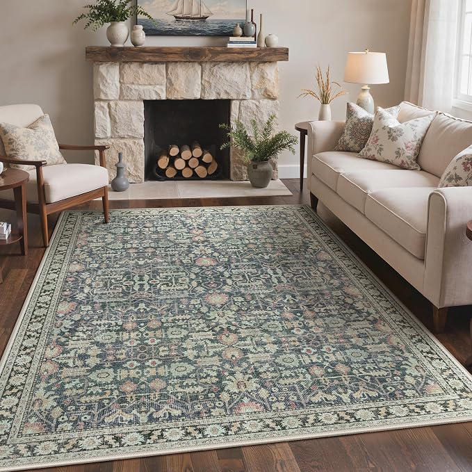 Bavni 2x5 Rug Runners for Hallways, Washable Runner Rug Non Slip,Vintage Floral Print Style Rugs for Bedroom-Lightweight Low Pile Carpet for Hallways Bathroom, Green/Blue