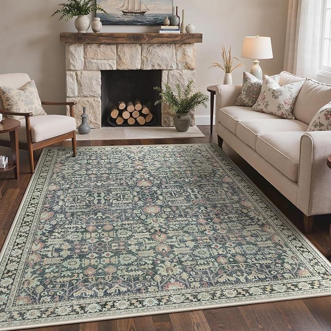 Bavni 2.6x10 Rug Runners for Hallways, Washable Runner Rug Non Slip,Vintage Floral Print Style Rugs for Bedroom-Lightweight Low Pile Carpet for Hallways Bathroom, Green/Blue