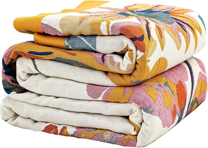 VANJOROY Boho Large Throw Blanket for Bed Couch, 100% Organic Cotton Soft Queen Throw-Floral Butterfly Decor Fall Blanket for Sofa Quilt and Gift, 80" x 90"-Beige