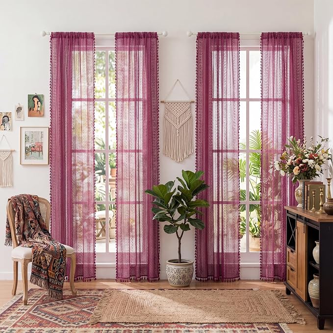 WAZZIO Boho Lace Curtains 63 Inches 2 Panel,Light Filtering Privacy Tassel & Geometry Crochet Semi Sheer Curtain Drapes for Bedroom Living Dining Room,Rod Pocket & Tassel,Burgundy Red
