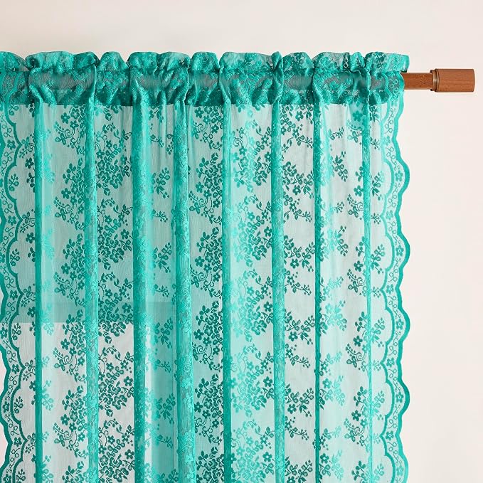 YJ YANJUN Vintage Lace Curtains 72 Inches Long-Victorian Floral Teal Sheer Curtain Panels for Living Room Bedroom Boho Farmhouse Shabby Chic Drapes Light Filtering 2 Panels 52W x 72L Dark Cyan