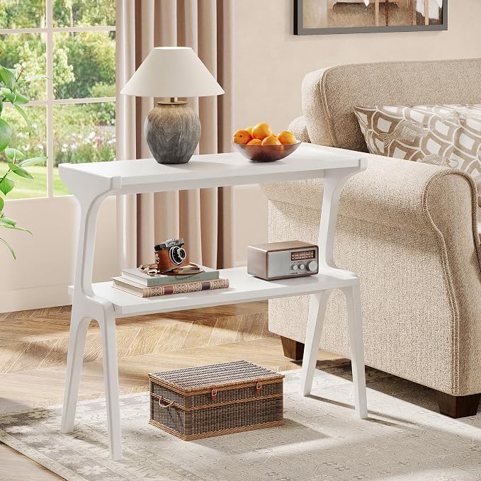 Tribesigns Set of 2 Solid Wood End Table, 2-Tier Modern White End Table with Storage Shelves, Tall Slim Side Table for Couch with Unique Legs, Long Bedside Table for Bedroom, Living Room