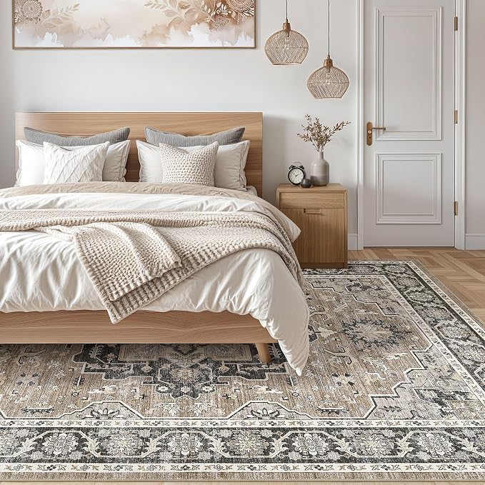 Vintage Living Room Area Rug 6x9 - Large Soft Washable Oriental Traditional Distressed Farmhouse Rugs for Bedroom - Indoor Floor Accent Carpet for Home Office House Decor - Black Brown