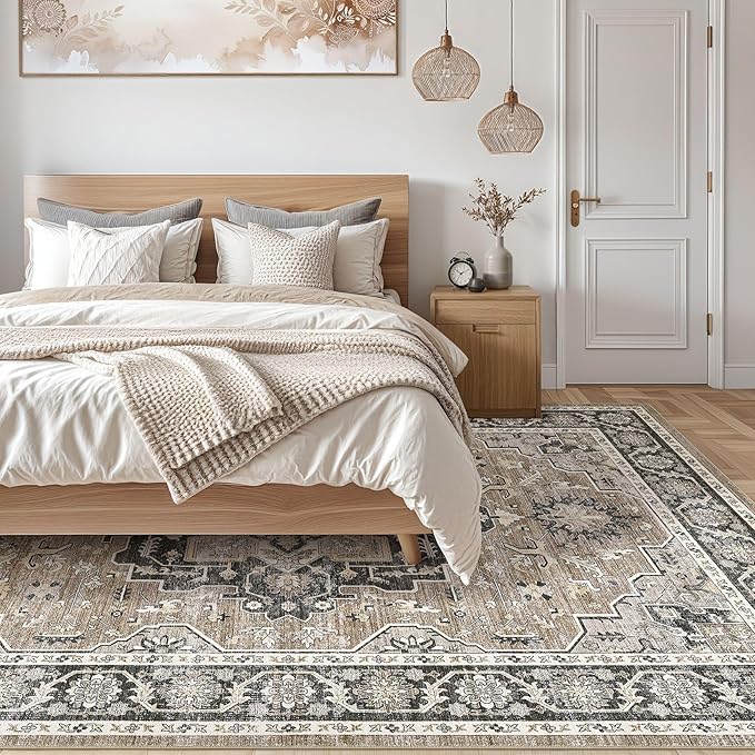 Vintage Living Room Area Rug 9x12 - Large Soft Washable Oriental Traditional Distressed Farmhouse Rugs for Bedroom - Indoor Floor Accent Carpet for Home Office House Decor - Black Brown