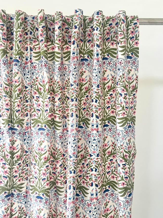 ATOSII 100% Cotton Single Panel Block Print Curtain, Easy Hanging with Rod Pocket & Loop, Living Room, Dining Room, Bedroom Light Filtering Boho Curtains, Set of 1, 60" W X 96" L, Nargis Light Blue