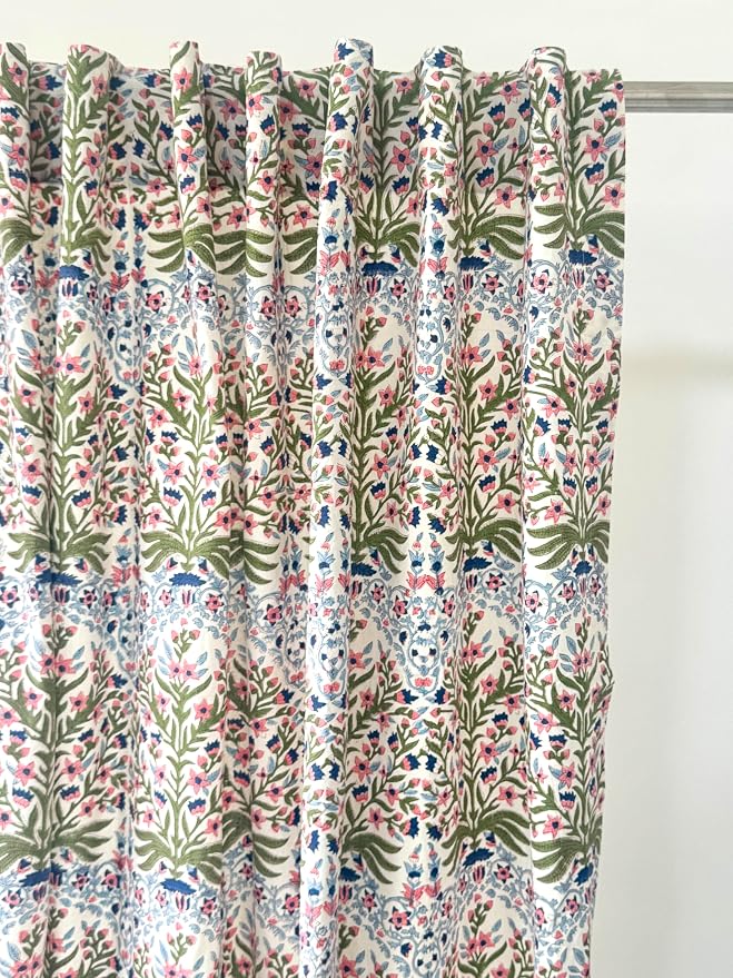 ATOSII 100% Cotton Single Panel Block Print Curtain, Easy Hanging with Rod Pocket & Loop, Living Room, Dining Room, Bedroom Light Filtering Boho Curtains, Set of 1, 60" W X 108" L, Nargis Light Blue