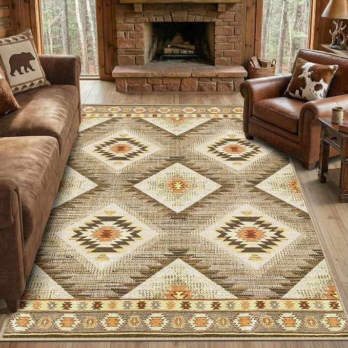 Area Rug 5x7 Rug Machine Washable Non-Slip Low Pile Print Pattern Western Rug for Living Room Bedroom Entryway Tribal Series -Cream/Camel