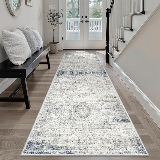 Soalmost Washable Runner Rug, 2'6" x 8' Non-Slip Kitchen Vintage Foldable 2.5x8ft Hallway Runners for Entryway, Laundry, Bedroom, Blue Ivory