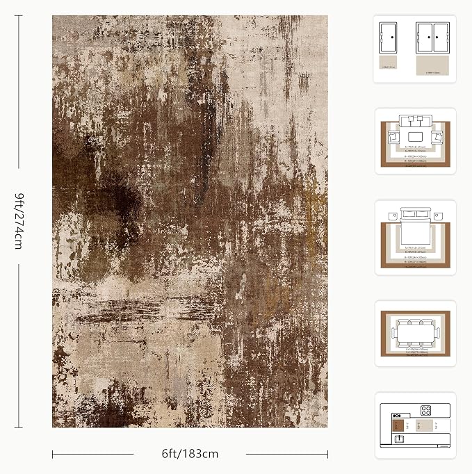 6x9 Area Rugs - Modern Abstract Washable Rug, Ultra Soft Non Slip Low Pile Large Rugs for Living Room, Floor Carpet for Bedroom Dining Room Office Laundry Nursery Home(A-Brown)