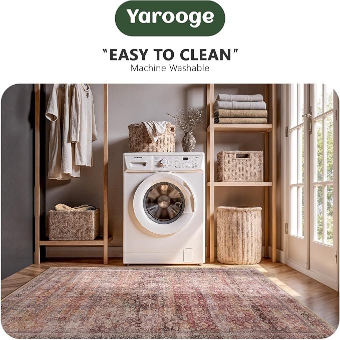 6x9 Area Rugs - Washable Vintage Retro Living Room Rug, Soft Ultra Thin Non Slip Low Pile Traditional Distressed Boho Carpet for Bedroom Dining Room Nursery Home Office, Vintage Iron Red